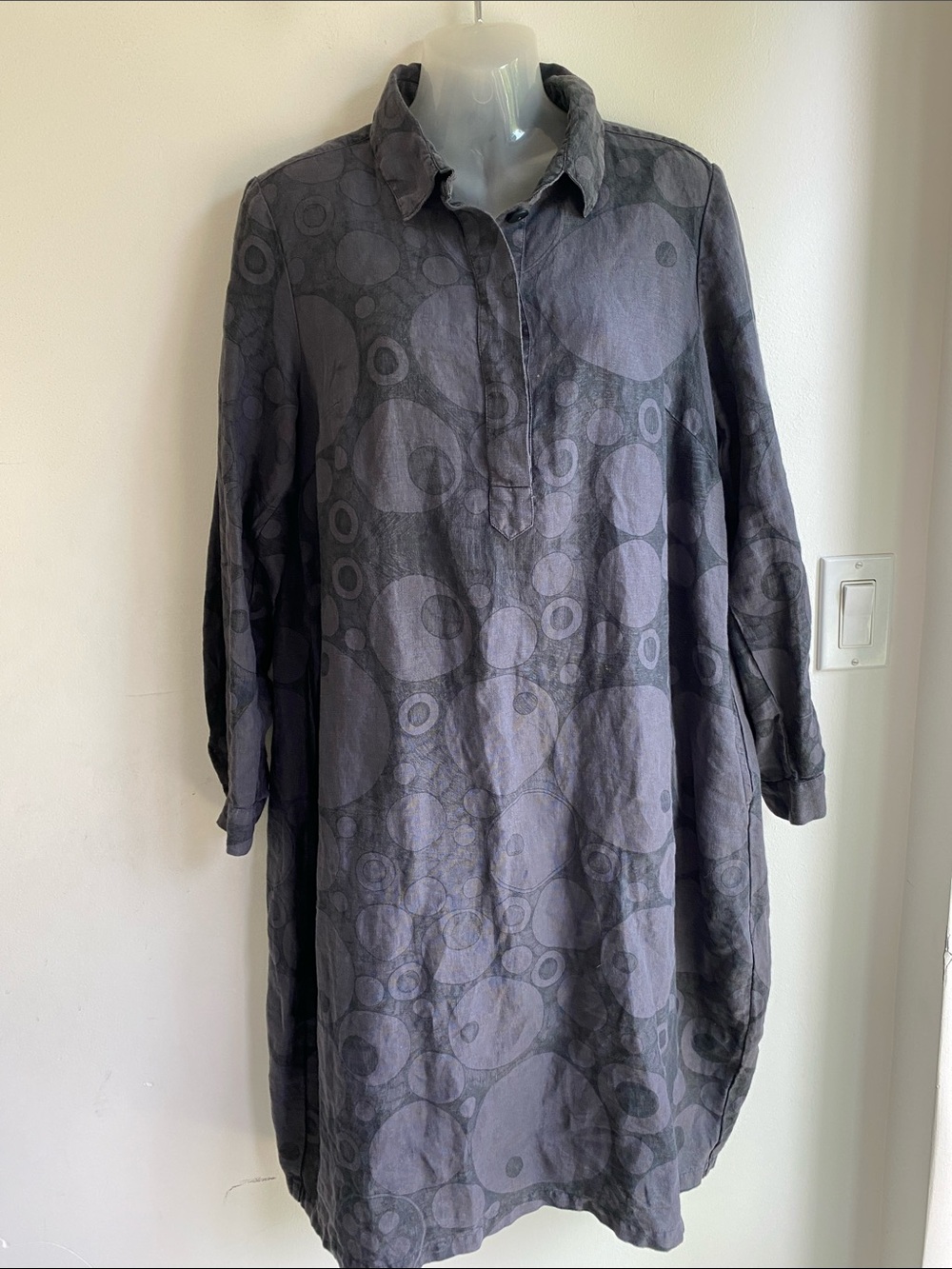 Grizas Washed 100% Linen Dress Black and Grey Circles Long Sleeves M